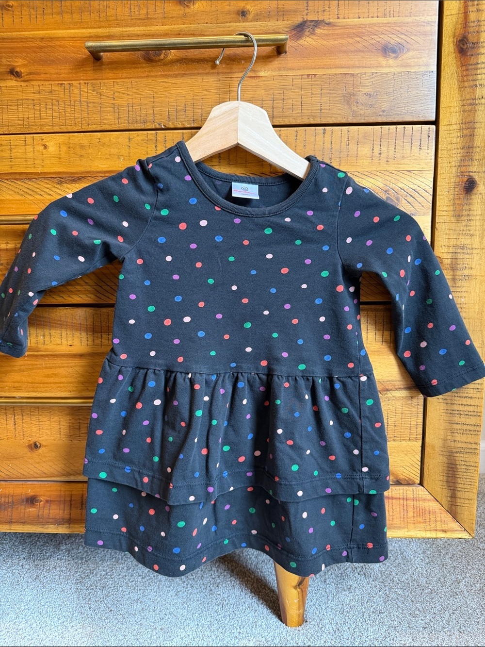 Hanna Andersson Girls' Black Polka Dot Tiered Dress with Multicolor Dots
